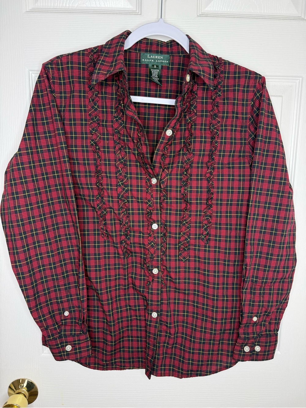 Lauren Ralph Lauren S Red Black Tartan Plaid Ruffle Trim Button Front Shirt